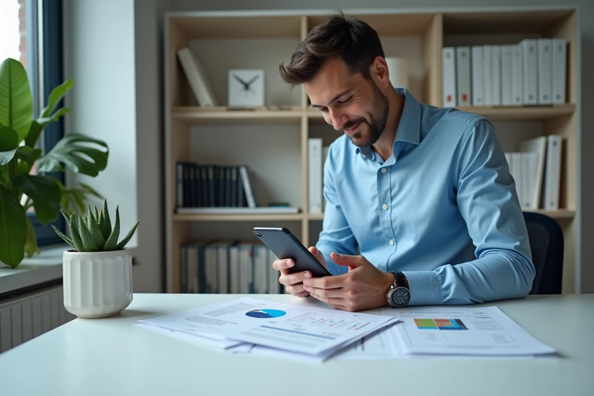 Homme consultant une application de finances personnelles sur smartphone dans un bureau à domicile