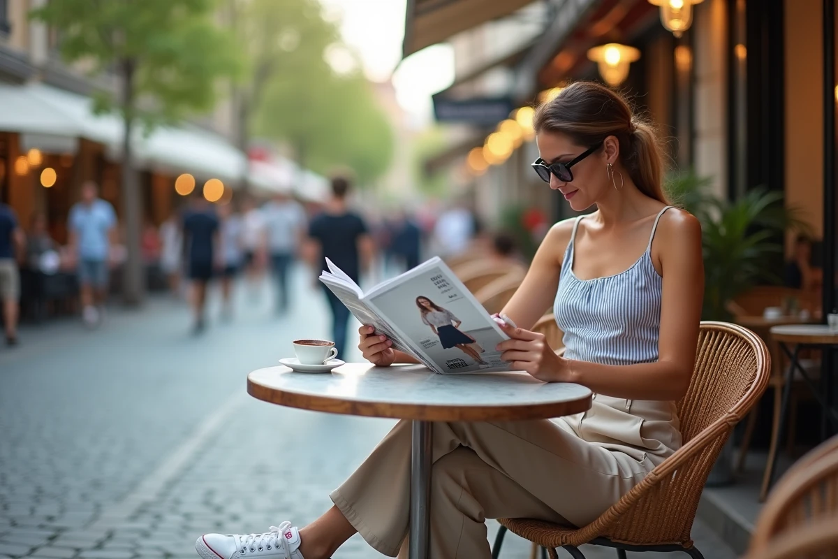 Femme tendance consultant un magazine de mode en terrasse de café dans une rue animée de la ville