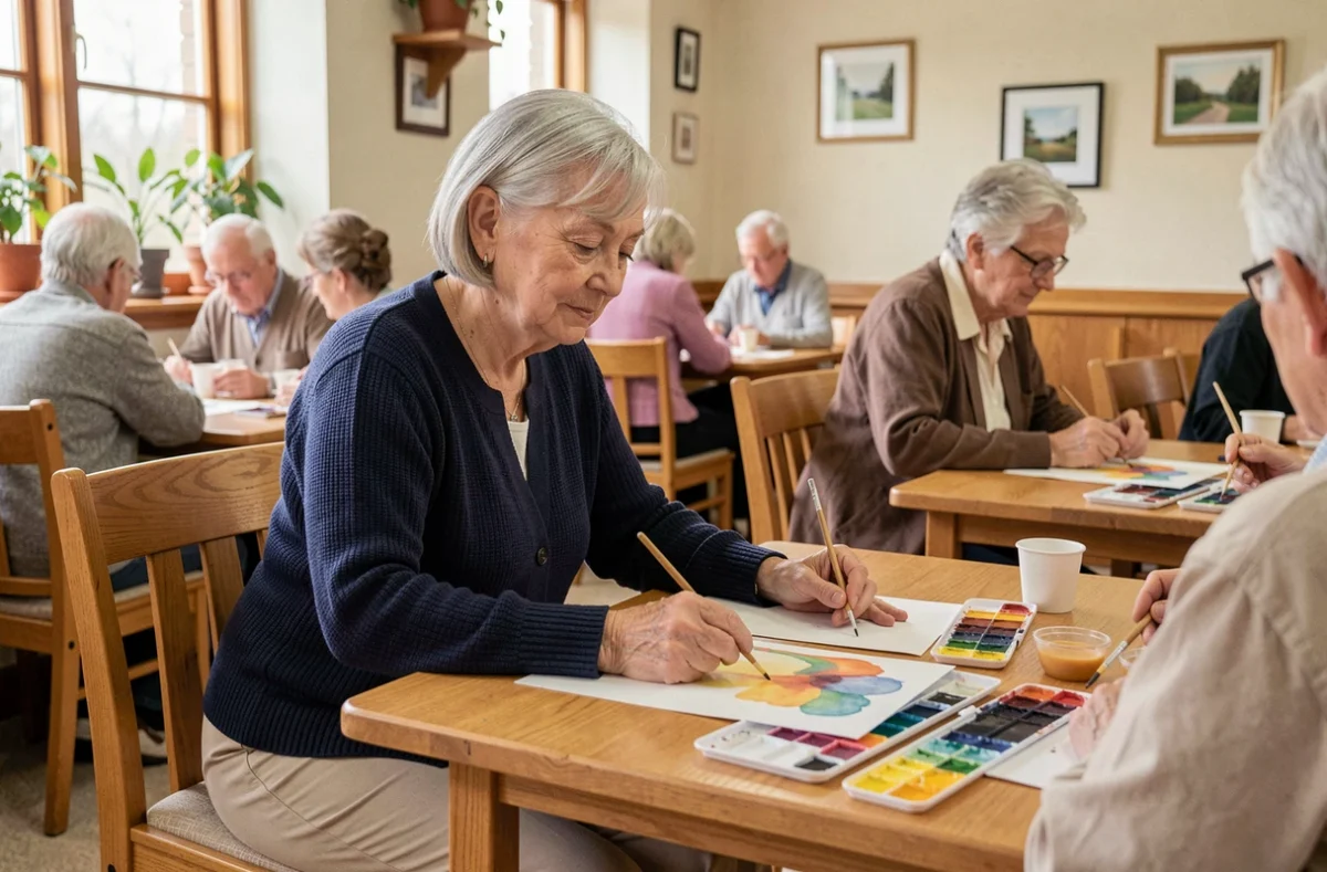 Femme senior participant à un atelier de peinture aquarelle dans un centre communautaire pour personnes âgées en France