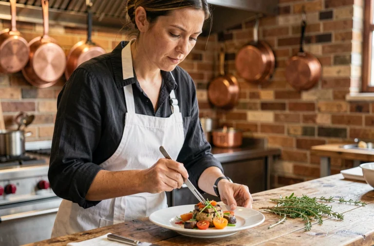 Cheffe cuisinière qui dresse un plat gastronomique coloré dans une cuisine professionnelle avec mur en brique apparente