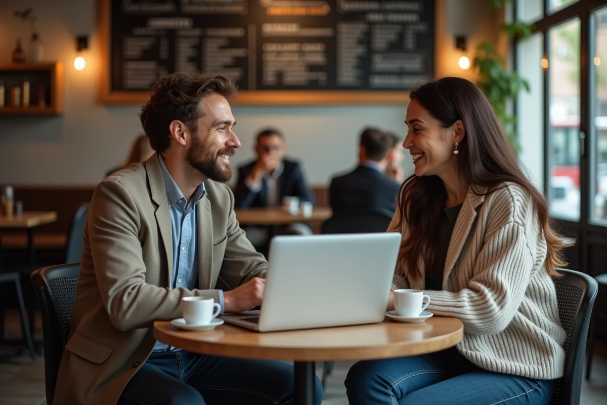 Deux jeunes professionnels collaborant autour de ressources en ligne pour booster leur business dans un café urbain