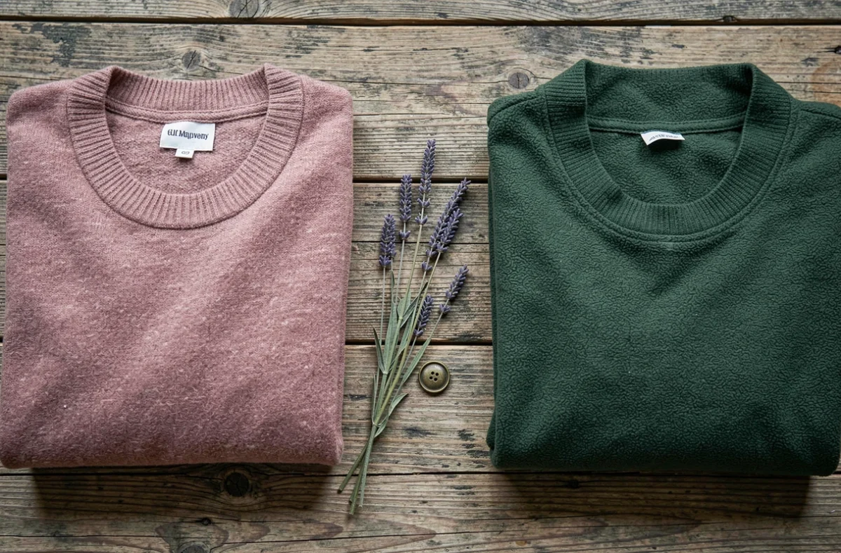 Comparaison en flat lay d'un pull en cachemire rose et d'une veste polaire verte sur une table en chêne, textures textiles détaillées