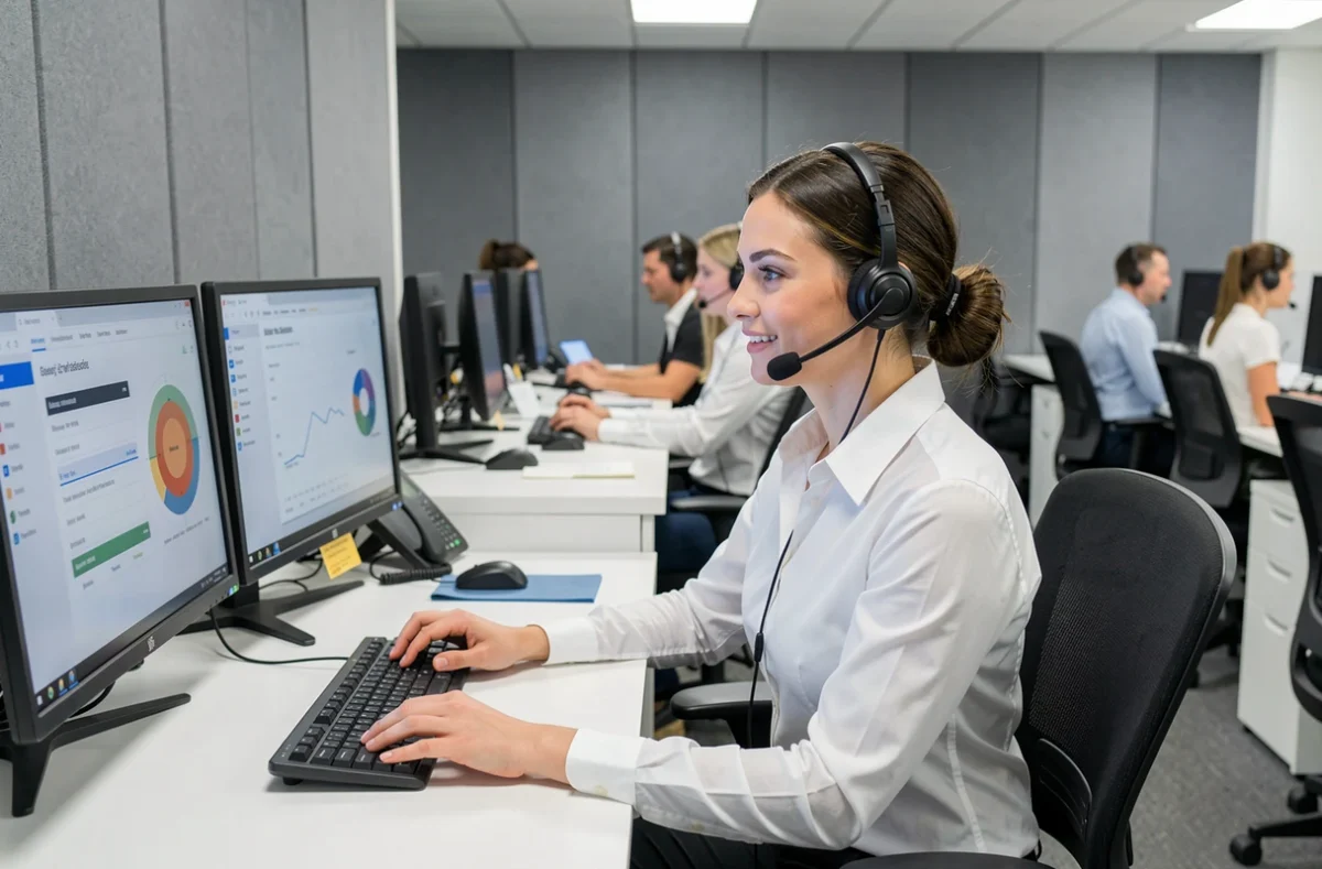 Conseillère du service client de La Banque Postale au téléphone dans un centre d'appels professionnel
