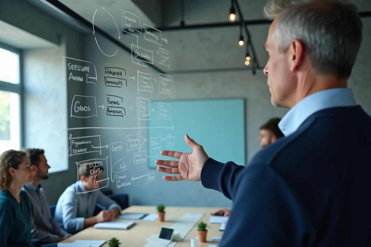 Un consultant en référencement présente une architecture de sitemap sur un tableau blanc dans une salle de réunion de startup, montrant la hiérarchie des pages d'un site web