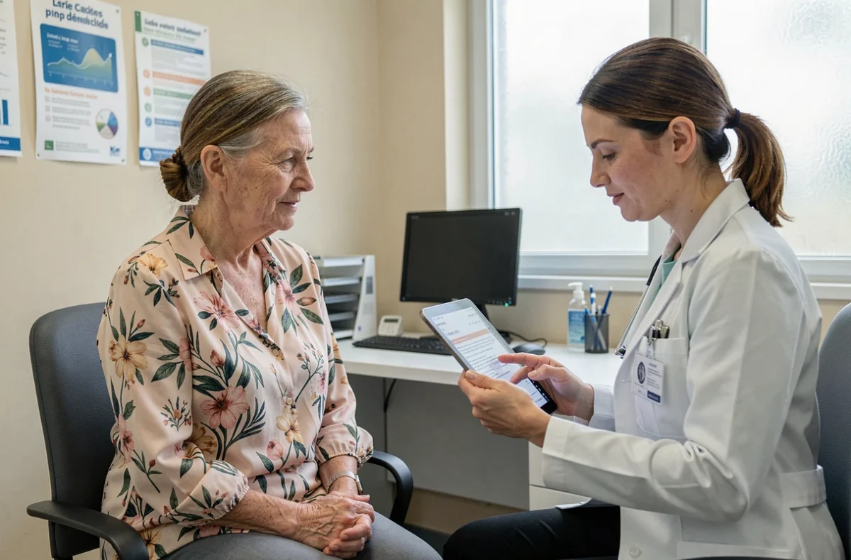 Femme âgée en consultation médicale avec une médecin dans un cabinet de santé dédié aux services aux seniors en France
