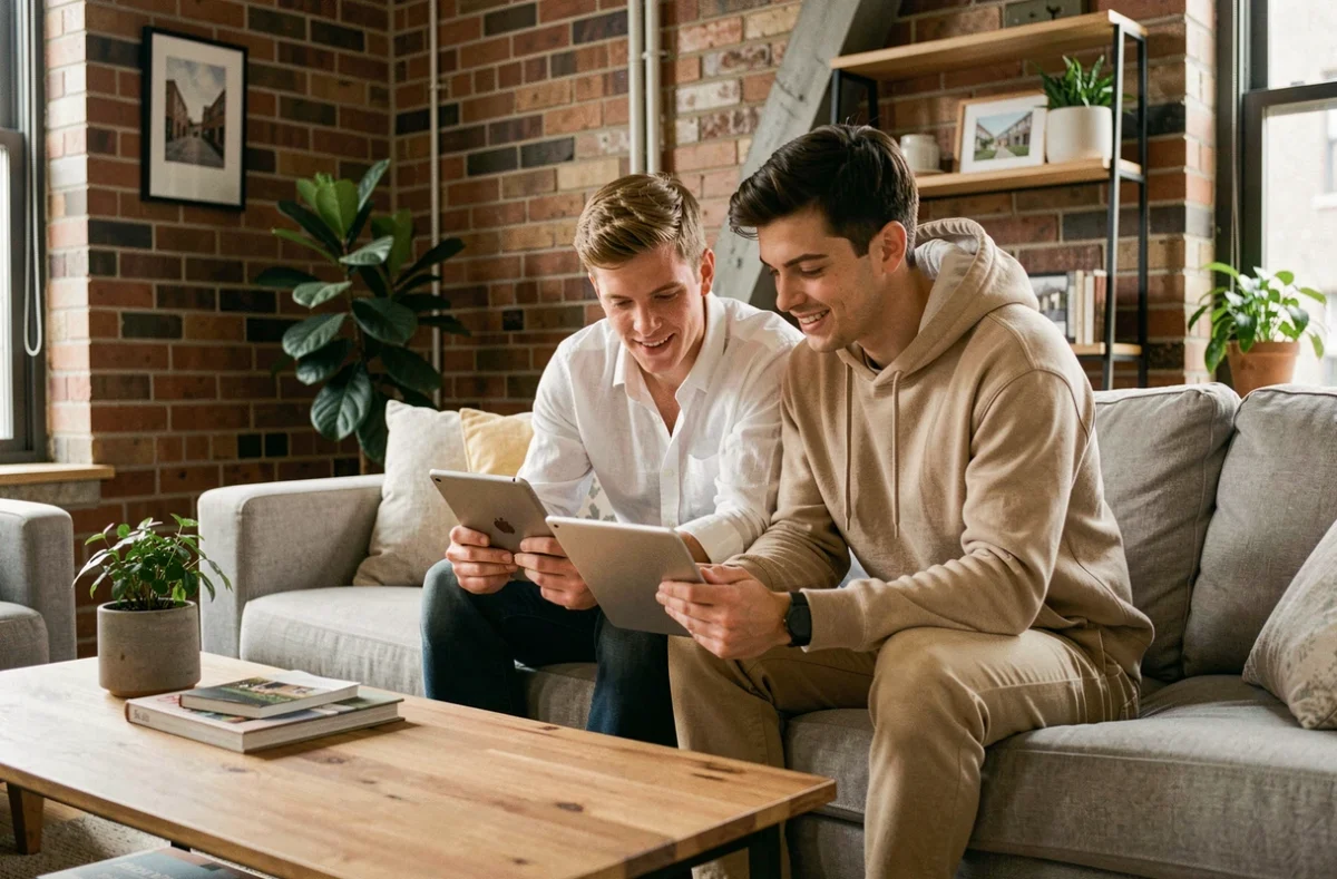 Couple consultant des annonces de location immobilière sur une tablette via une agence en ligne