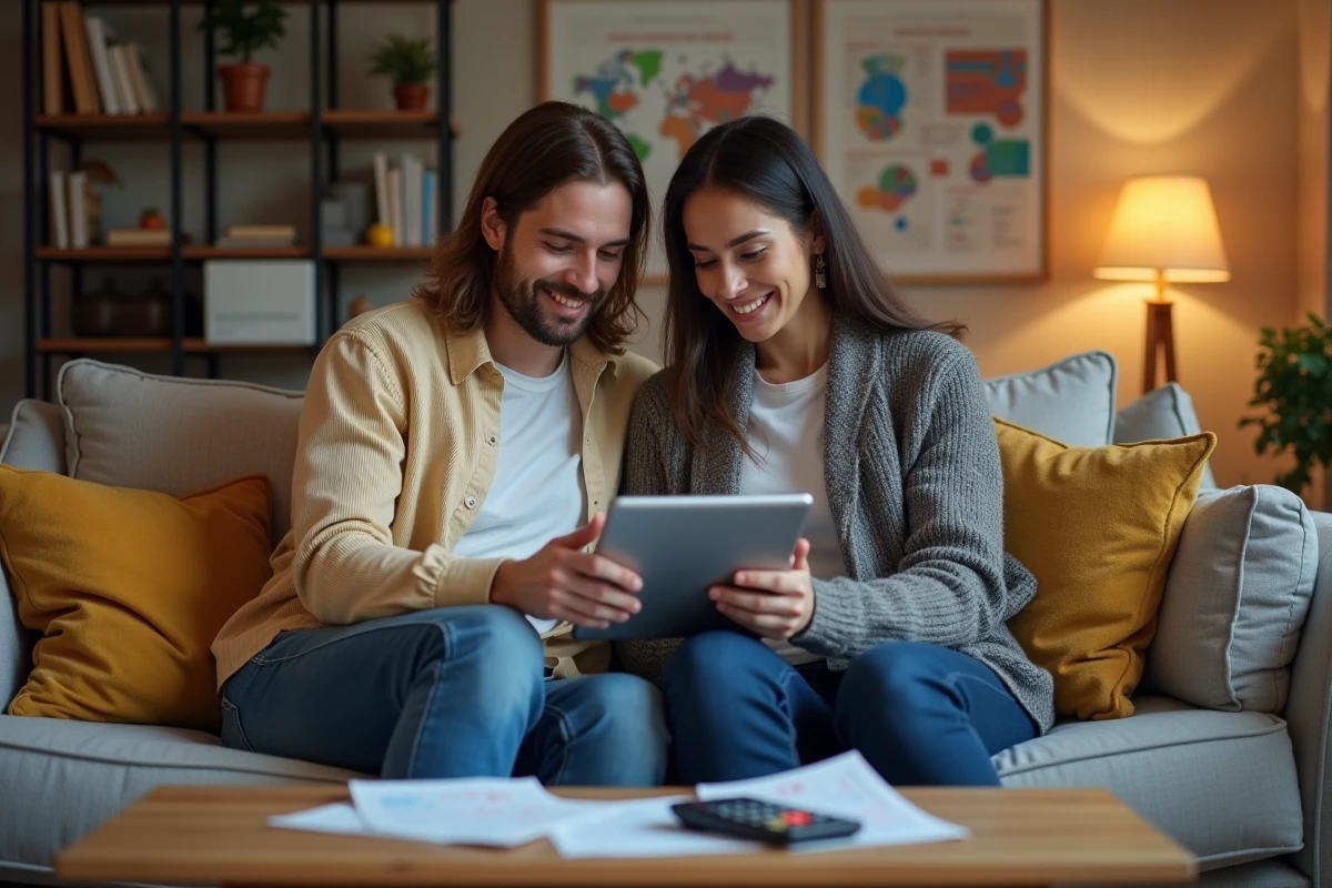 Couple planifiant leur budget commun avec une tablette et des reçus sur la table basse du salon