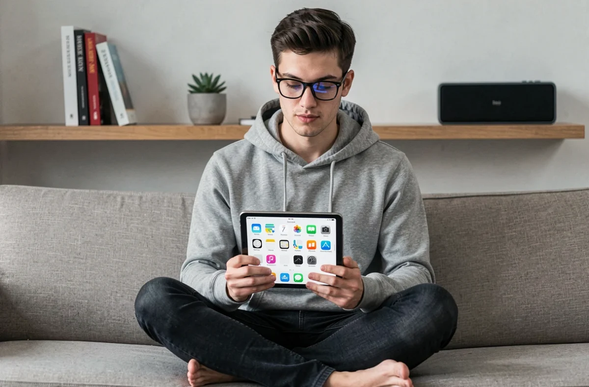 Jeune créateur de contenu planifiant une stratégie de médias sociaux sur une tablette depuis son bureau à domicile