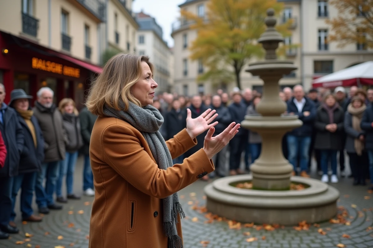 Femme politique s'exprimant devant des citoyens rassemblés sur une place publique française lors d'un débat en plein air