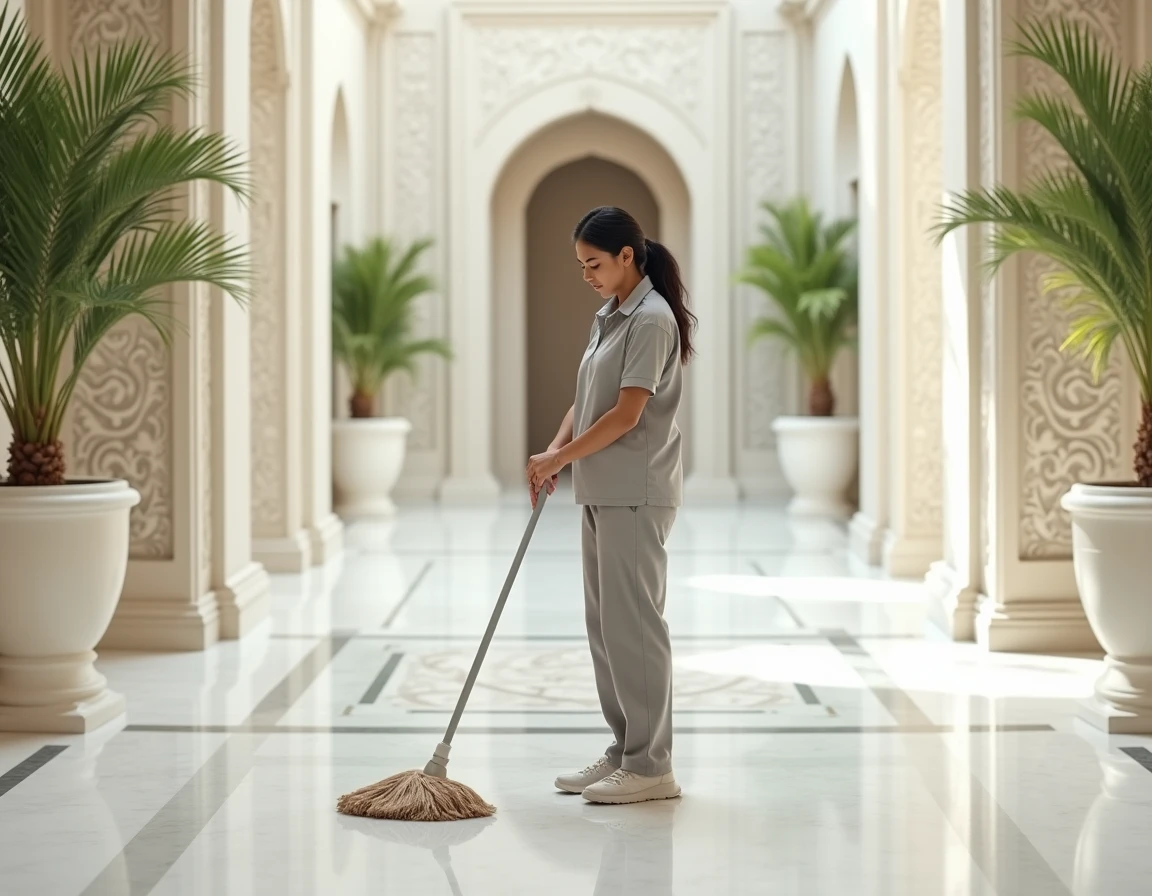 Employée de maison nettoyant le couloir en marbre d'une villa haut de gamme à Dubaï