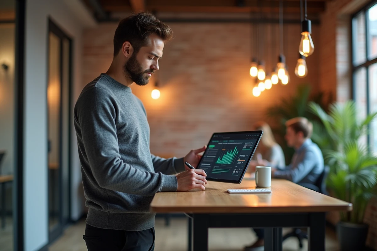 Entrepreneur masculin consultant des ressources business en ligne dans un espace de coworking moderne