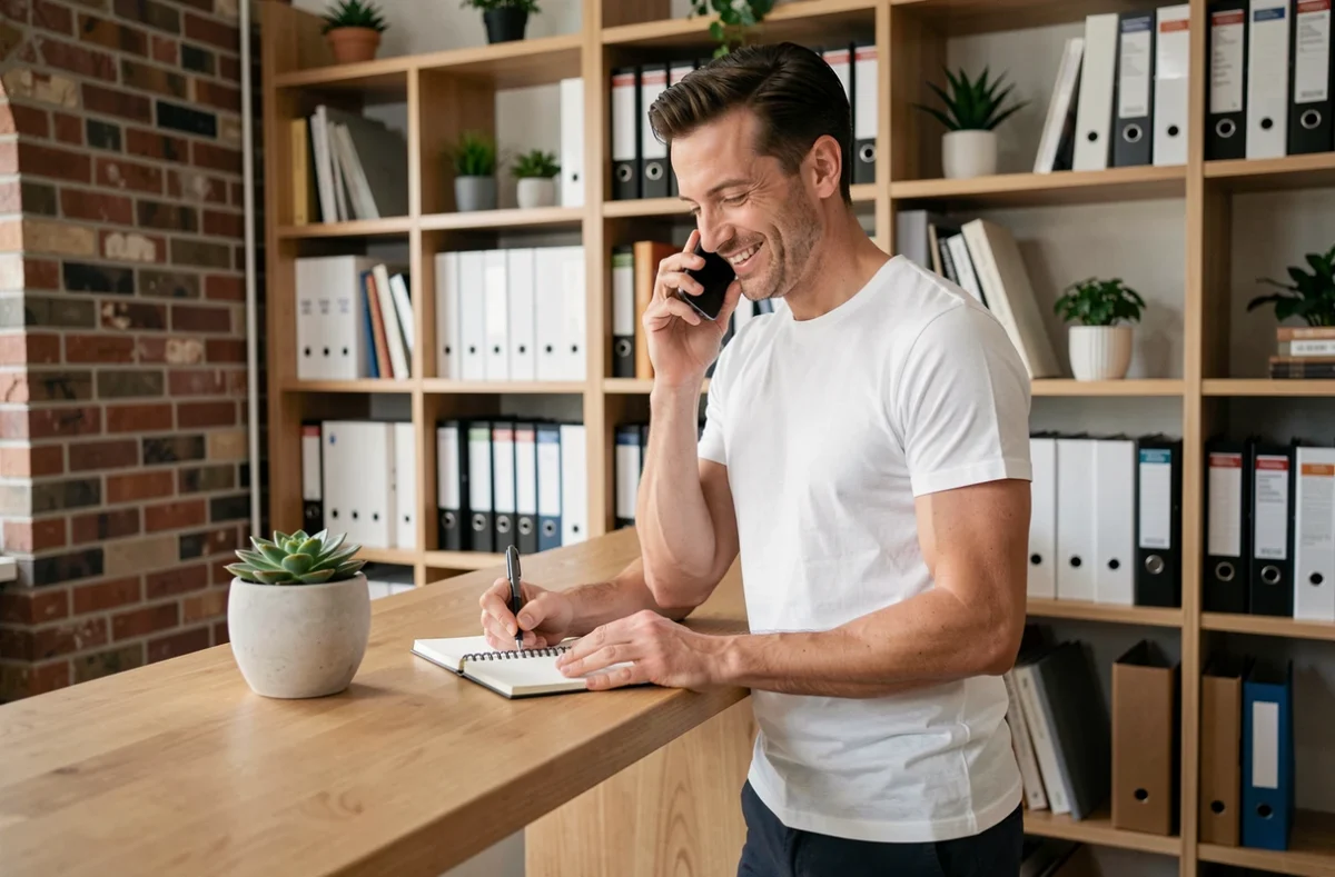 Entrepreneur indépendant souriant téléphonant dans son bureau à domicile moderne tout en prenant des notes
