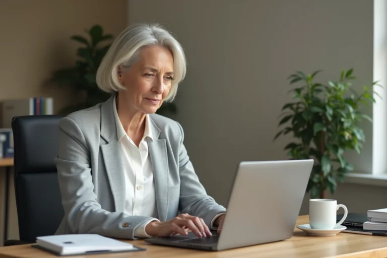 Femme d'une cinquantaine d'années envoyant un document en ligne à Agirc-Arrco depuis son bureau à domicile sur un ordinateur portable