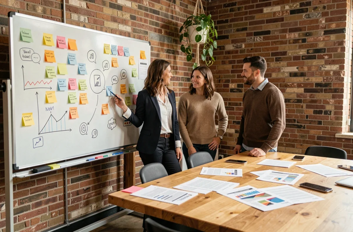 Équipe marketing diverse en session de brainstorming autour d'un tableau blanc dans un espace de travail créatif