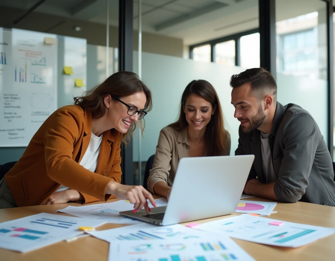 Équipe de professionnels collaborant sur la stratégie SEO et l'optimisation d'un site web autour d'une table de réunion