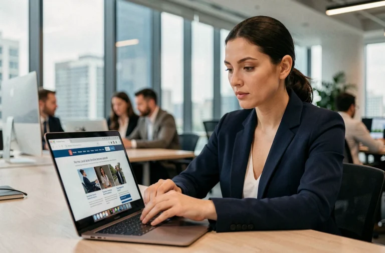 Femme professionnelle consultant un site d'information en continu sur son ordinateur portable dans un bureau moderne