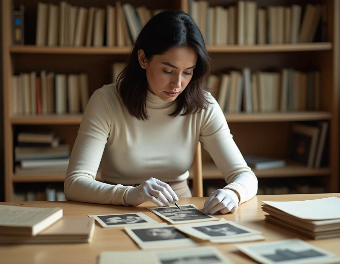 Femme examinant des tirages photographiques anciens dans une salle d'archives, gants de coton et boîtes d'archives en bois autour d'elle