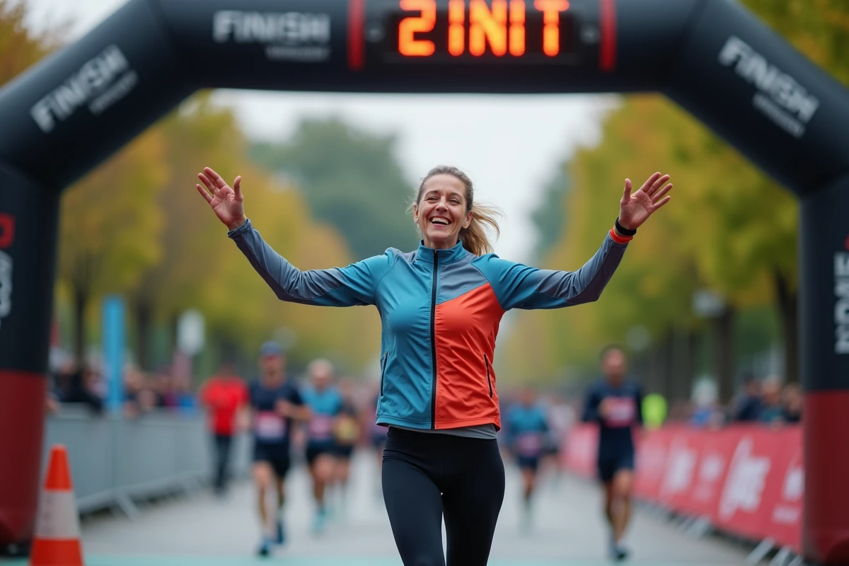 Femme de 45 ans franchissant la ligne d'arrivée d'un semi-marathon avec les bras levés, horloge de course visible en arrière-plan