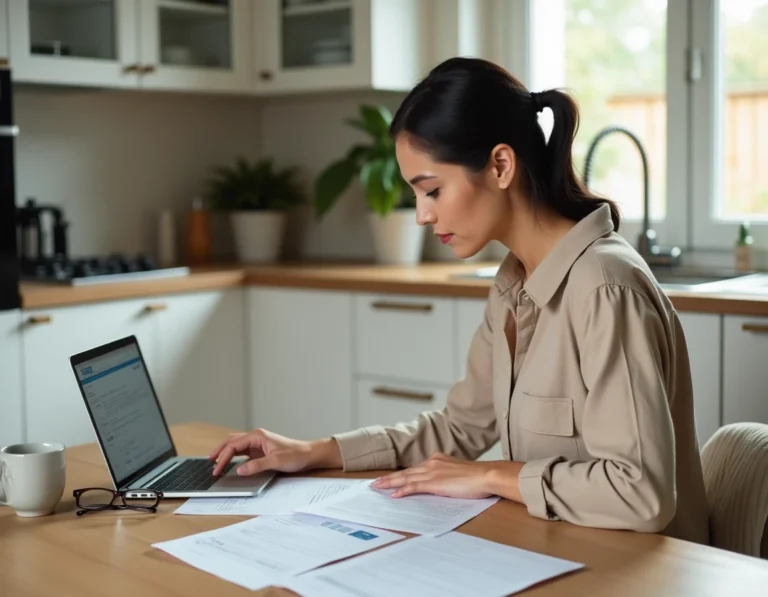 Femme consultant des documents d'assurance habitation à une table de cuisine moderne avec un ordinateur portable