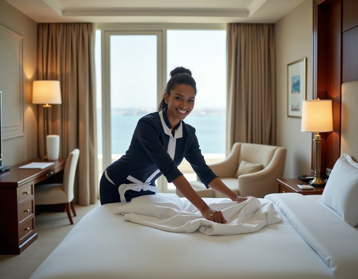 Femme de chambre en uniforme préparant un lit dans une suite hôtelière cinq étoiles à Dubaï avec vue sur le Golfe