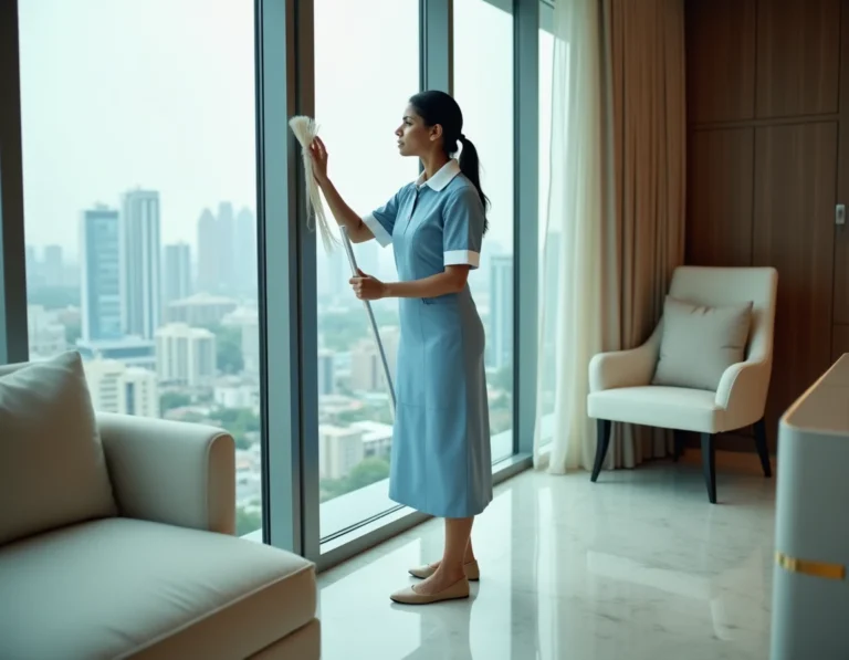 Femme de ménage professionnelle en uniforme bleu dans un appartement de luxe à Dubaï avec vue sur la skyline