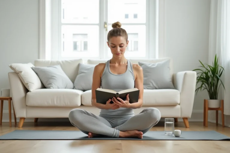 Femme pratiquant l'éducation à la santé en lisant un livre de bien-être sur un tapis de yoga dans un salon minimaliste