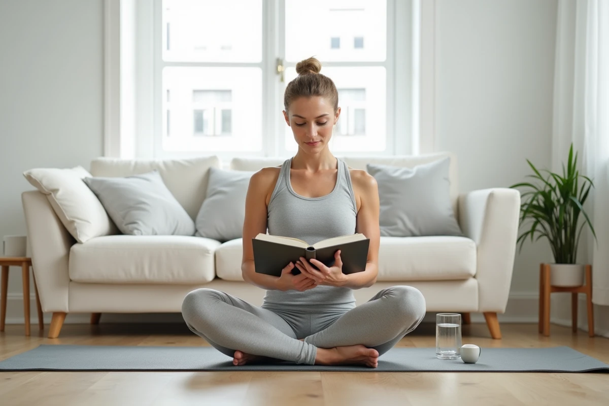 Femme pratiquant l'éducation à la santé en lisant un livre de bien-être sur un tapis de yoga dans un salon minimaliste