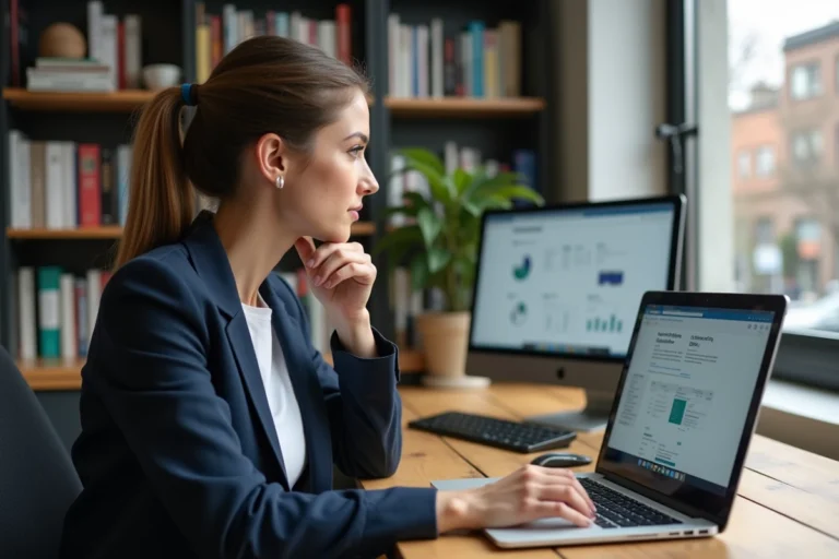 Femme entrepreneureure travaillant sur un ordinateur portable avec des ressources en ligne pour développer son business en 2024