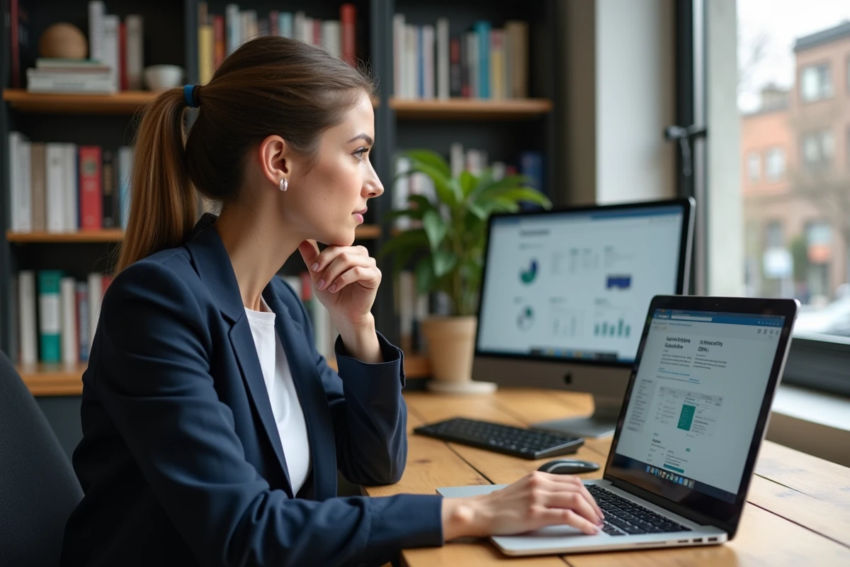 Femme entrepreneureure travaillant sur un ordinateur portable avec des ressources en ligne pour développer son business en 2024