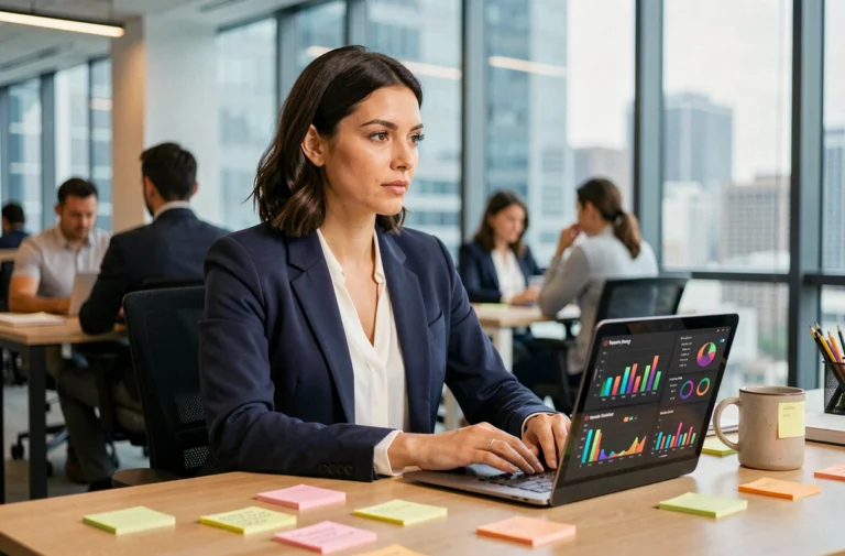 Professionnelle du marketing digital analysant des tableaux de bord analytiques sur un ordinateur portable dans un bureau moderne
