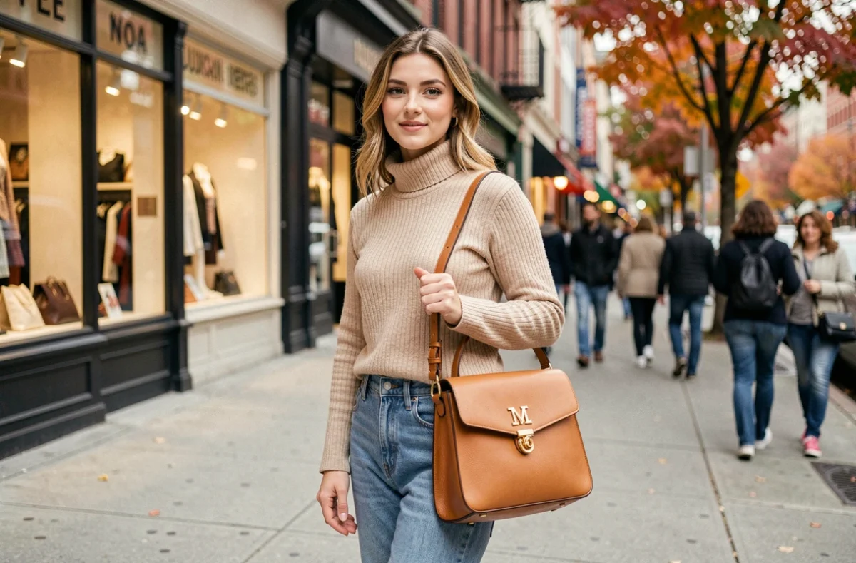 Jeune femme portant un sac double M en cuir camel des années 90 en bandoulière dans une rue commerçante parisienne, style vestimentaire rétro chic
