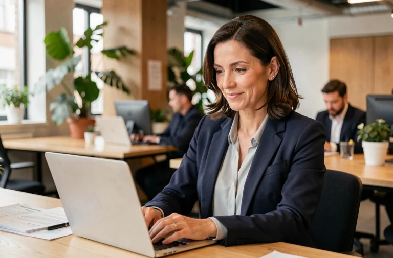 Femme professionnelle en blazer marine travaillant sur un ordinateur portable dans un espace de co-working moderne