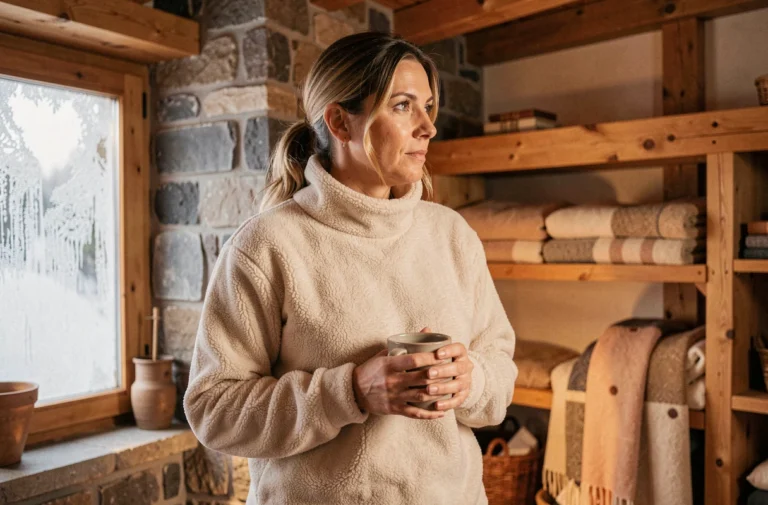 Femme portant un pull polaire ivoire dans un chalet alpin rustique, tenant une tasse en céramique près d'une cheminée en pierre