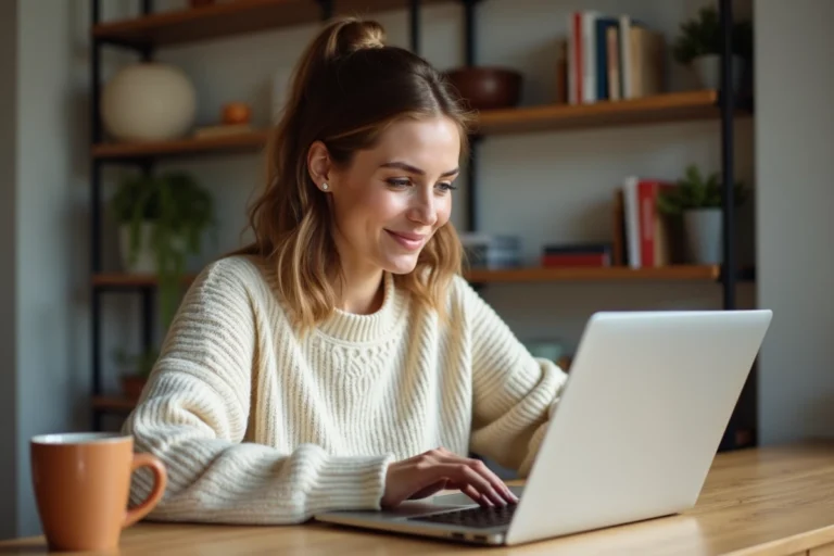 Femme consultant des petites annonces immobilières en ligne sur un ordinateur portable dans une cuisine moderne