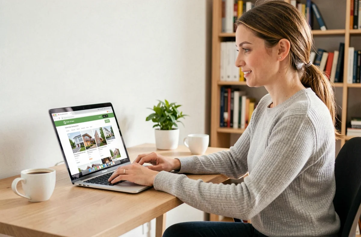 Femme cherchant un bien immobilier à louer sur un site d'agence en ligne depuis son bureau à domicile