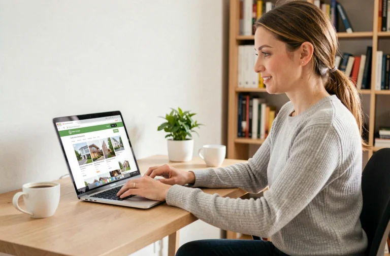 Femme cherchant un bien immobilier à louer sur un site d'agence en ligne depuis son bureau à domicile