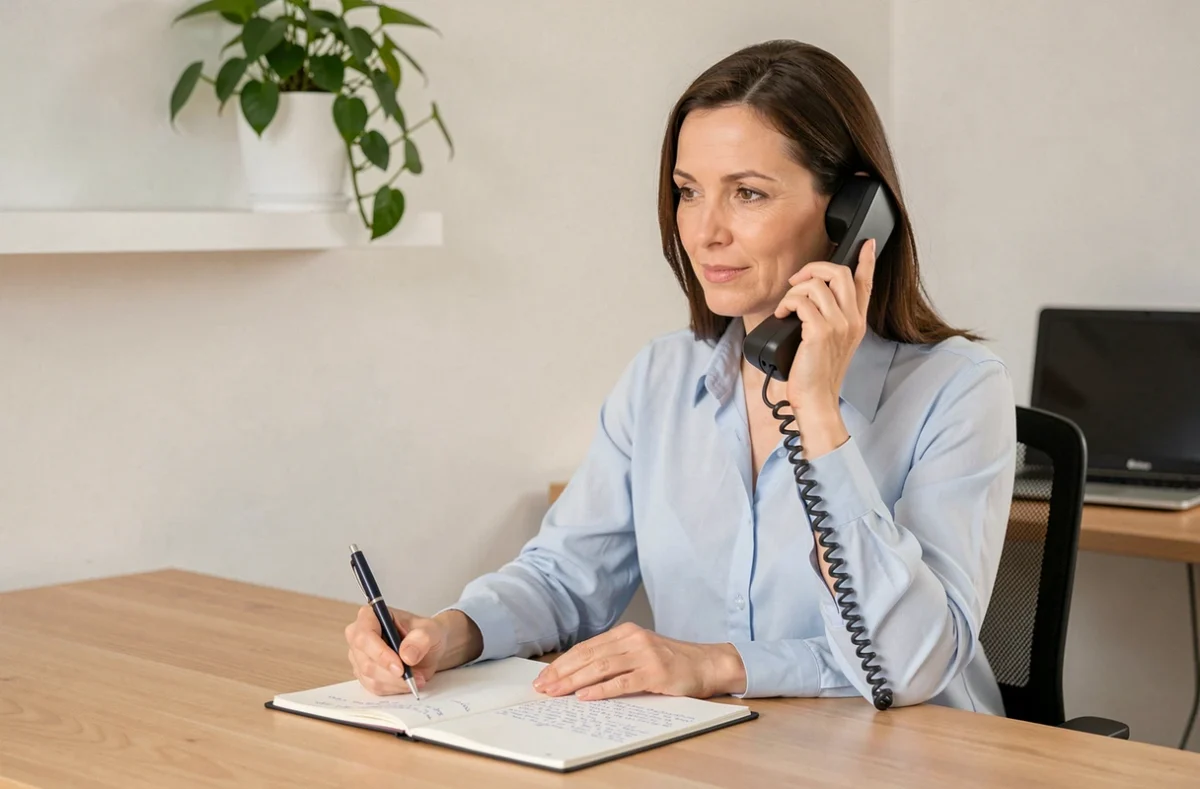 Femme contactant La Banque Postale par téléphone depuis son bureau à domicile