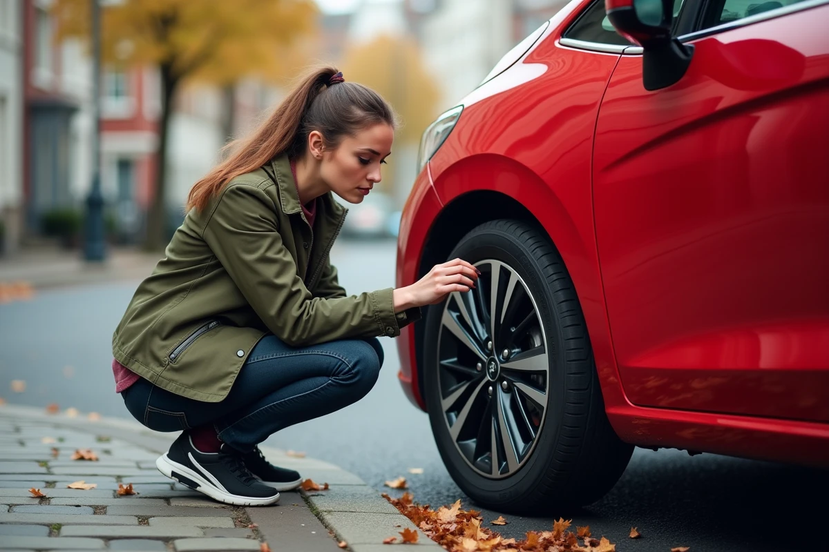 Femme examinant la jante d'une citadine sportive rouge garée dans une rue urbaine en automne