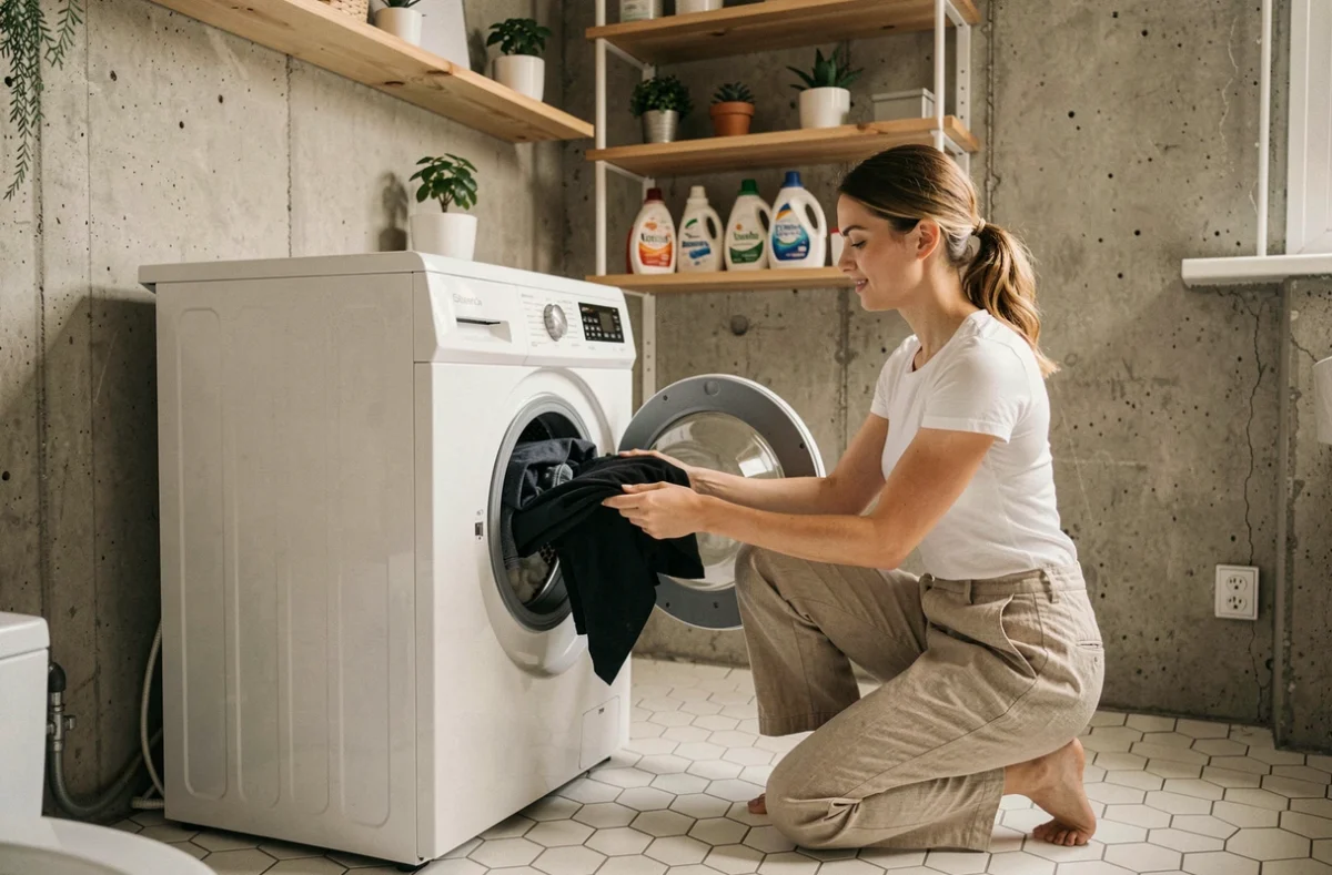 Femme chargeant du linge dans un lave-linge en appartement urbain avec murs en béton et étagères en bois