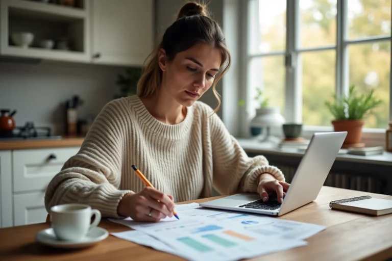Femme gérant son budget personnel à la table de cuisine avec des feuilles de calcul et un ordinateur portable