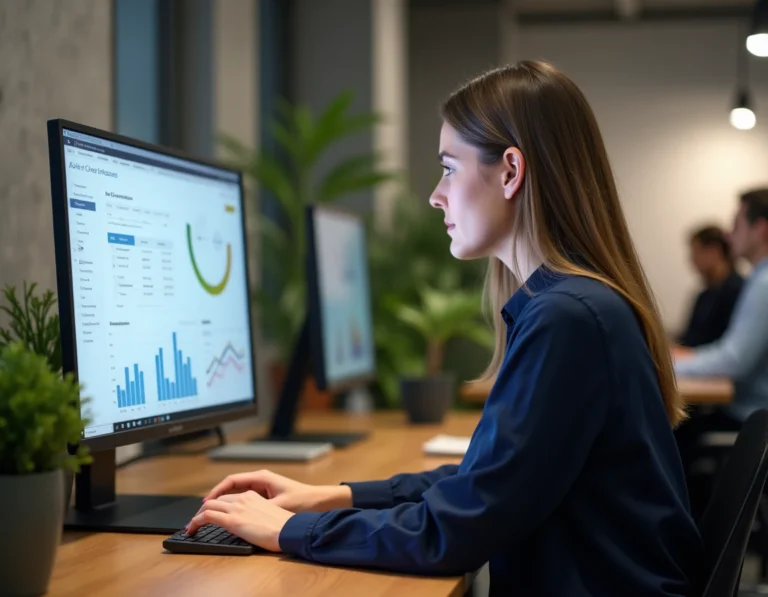 Femme professionnelle analysant les performances d'un site web sur un écran d'ordinateur dans un bureau moderne en 2024