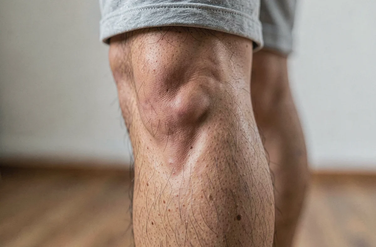 Gros plan sur un kyste poplité visible à l'arrière du genou d'une personne en shorts, signes de gonflement caractéristiques