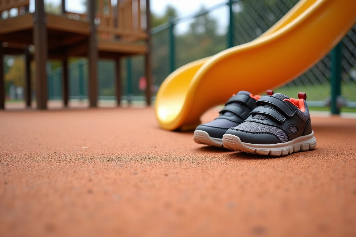 Gros plan sur un revêtement de sol en caoutchouc coulé pour aire de jeux montrant sa texture amortissante et des chaussures d'enfant au pied d'un toboggan
