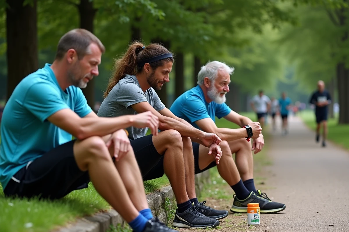 Groupe de coureurs adultes d'âges différents qui vérifient leur temps sur montre connectée après un semi-marathon dans un parc