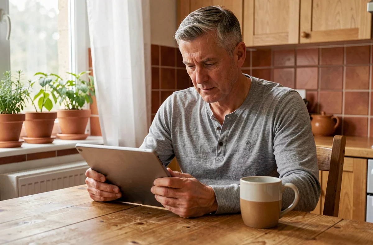 Homme lisant les dernières actualités sur une tablette numérique dans une cuisine chaleureuse le matin
