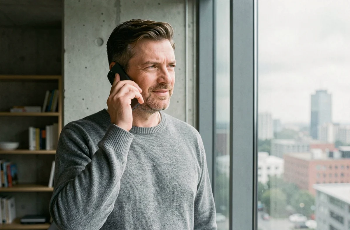 Homme passant un appel téléphonique au 3639 depuis son appartement moderne