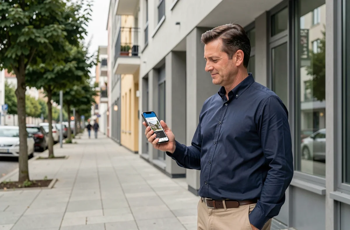 Homme utilisant une application d'agence immobilière en ligne pour visiter un appartement à louer en ville