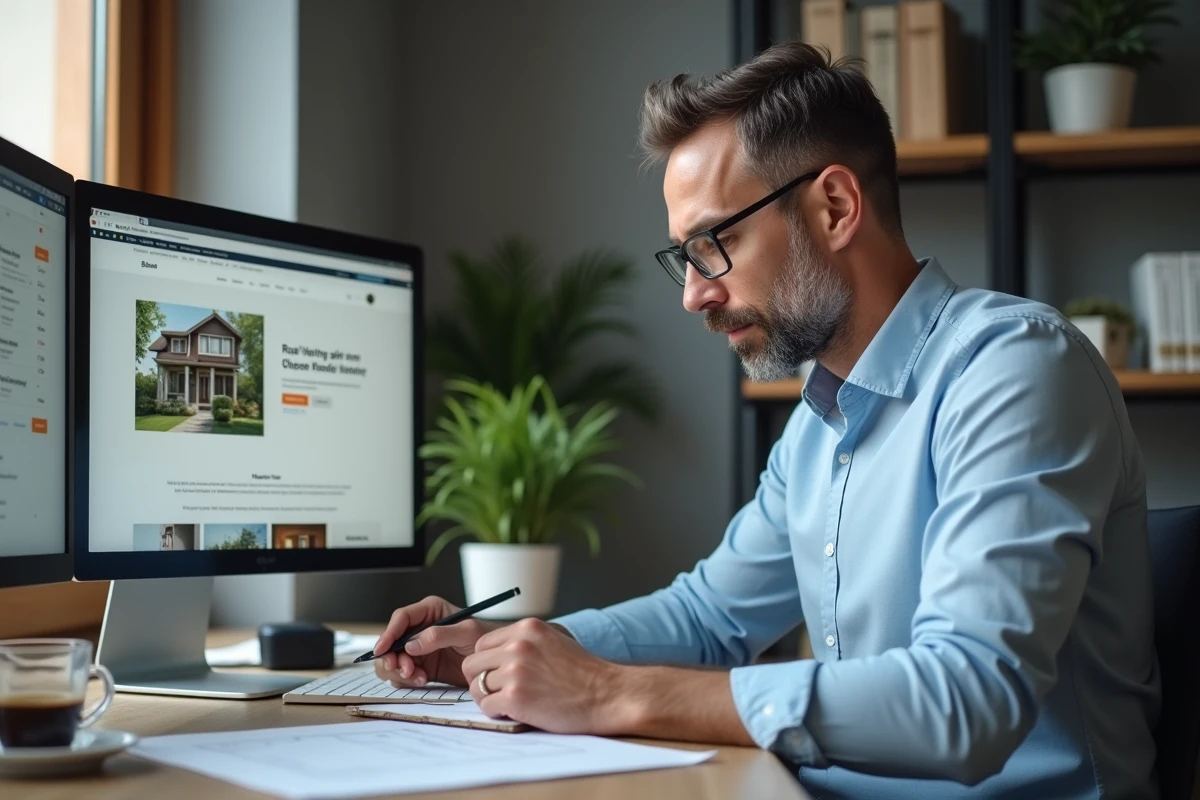 Homme comparant des annonces immobilières en ligne depuis son bureau à domicile avec checklist et notes