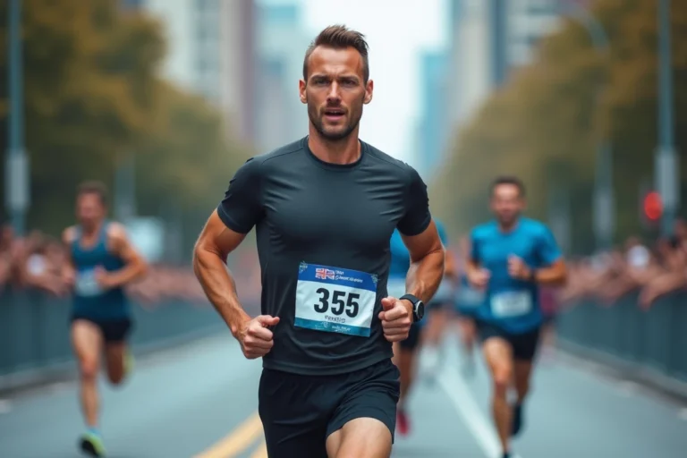 Homme de 35 ans en plein effort lors d'un semi-marathon en milieu urbain, dossard visible et expression concentrée