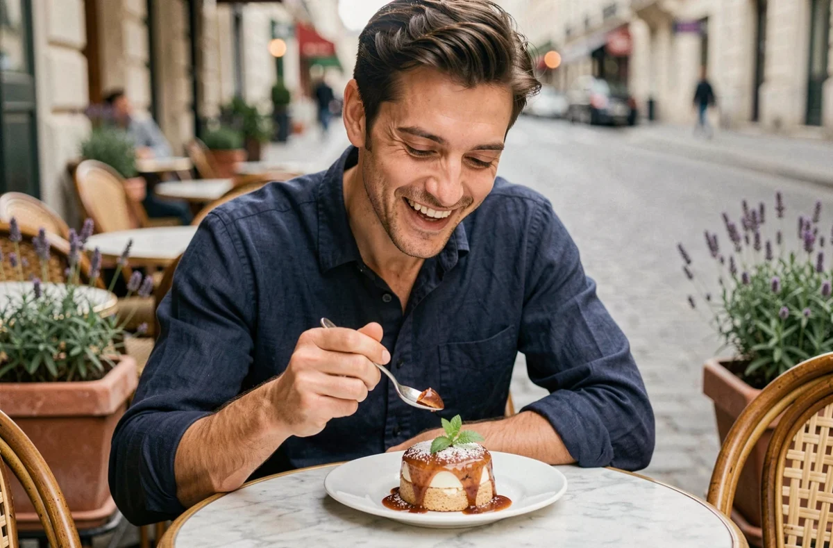 Homme dégustant un dessert gastronomique en terrasse parisienne avec décor de pavés et lavande en arrière-plan